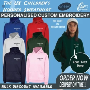 Personalised Custom Embroidered Uneek Children’s Hooded Sweatshirt Sports Casual - Picture 1 of 24