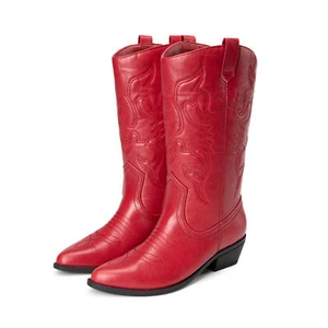 Women's Cowboy Boots Pull On Cowgirl Boots Mid Calf Western Boots Wedge Heel - Picture 1 of 39