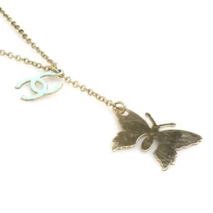 CHANEL Authentic Necklace Coco Mark Butterfly Metal Enamel Gold Light Blue VN02 - Picture 1 of 5