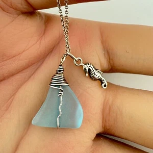 Vintage 925 Sterling Silver Sea Glass & Sea Horse Handmade Necklace 16+2" (3.6g) - Picture 1 of 6
