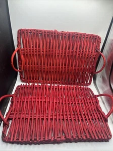 Red Serving Tray Bent Rattan Wicker Handles Thick 24” X 14” Set Of 2 Vintage - Picture 1 of 9