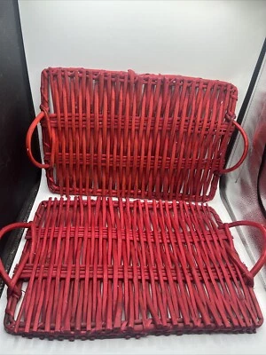 Red Serving Tray Bent Rattan Wicker Handles Thick 24” X 14” Set Of 2 Vintage - Image 1 of 4