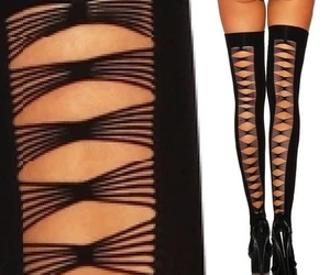 BLACK OPAQUE THIGH HIGH LADDER BACK RIPPED QUALITY GOTH PUNK FAST FREE POST - Photo 1/1