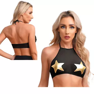 Women Tops Sheer Bra Modern T-shirt Glossy Vest Training Crop Top U Neck Tee - Picture 1 of 87