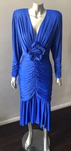 Ruche Plunging V Retro Vtg 90s Dolman Blue midi formal cocktail party Dress S - Picture 1 of 5