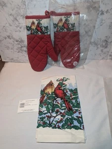 Vintage Stevens Linen Winter Splendor Cardinal Birds Oven Mitts & Kitchen Towel - Picture 1 of 7