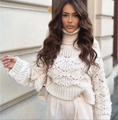 BLOGGERS FAV! Zara Cable Knit Openwork Turtleneck Cropped Sweater w/ Buttons S - Image 1 of 4