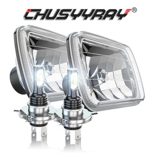 7X6 Crystal Clear Glass Lens Headlight H4 Halogen Light Bulb Headlamp Pair LED - Picture 1 of 24