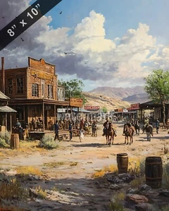 A bustling Western town square with a saloon oil Painting 8x10 Print - Picture 1 of 1