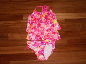 NWT JUSTICE GIRL SWIMSUIT 2 PC TANKINI PINK ORANGE YELLOW PALM TREE SZ 8 1/2 8H - Picture 1 of 3