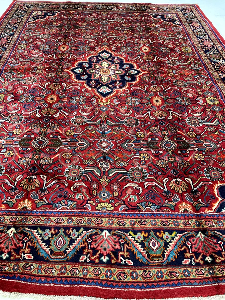 Antigua alfombra oriental de lana anudada a mano roja/azul/verde/marfil 9'9" x 13'13" Foto 1 de 4