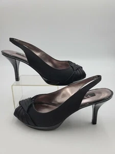 Nina Women's Evening Sandals 7.5M Black Satin Slingback Slim Heels Peep Toe - Picture 1 of 7