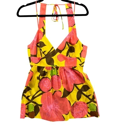Top halter floral Trina Turk para mujer amarillo rosa algodón plisado sin mangas talla 4 Foto 1 de 4