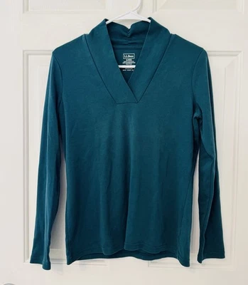 LL Bean EUC Women's Small Supima Cotton Long Sleeve V Neck Tee Pullover Green - Изображение 1 из 4