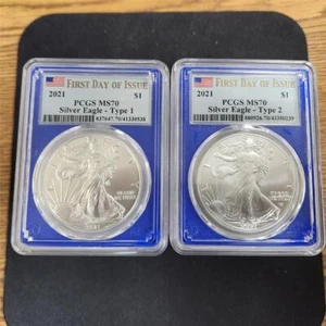 2021 PCGS MS 70 First Day of Issue Type-1 & 2 American Silver Eagle in Blue Core - Picture 1 of 3