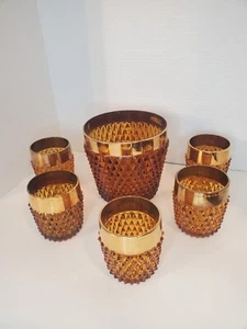 Mcm Set of 5 Vtg Indiana Glass Amber Gold Trimmed Glasses With Ice Bucket - Picture 1 of 7