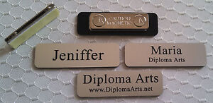 Custom Name Tags 2.5"x0.75" Silver -Black letters Corners Rounded w/ magnet  