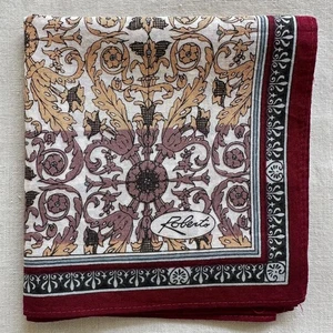 VTG Handkerchief Cotton Dark Red Yellow Floral Flourish Ornate Pocket Square 18" - Picture 1 of 3