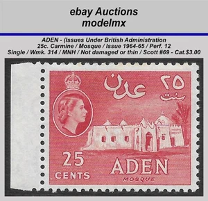 Aden Under British Admin. - 1964-65, 25c Carmine, MNH - Scott #69 - Cat.$3.00 - Picture 1 of 2