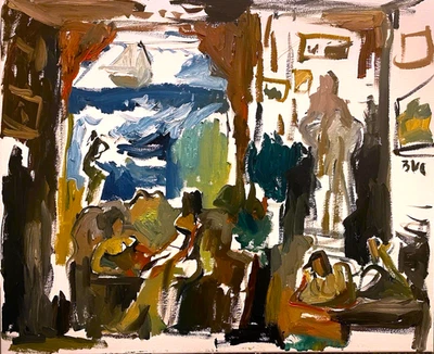 Interior Figures Cubism Modern Nautical Gothic Painting Oil On Canvas 20x24 BVC - Image 1 of 3