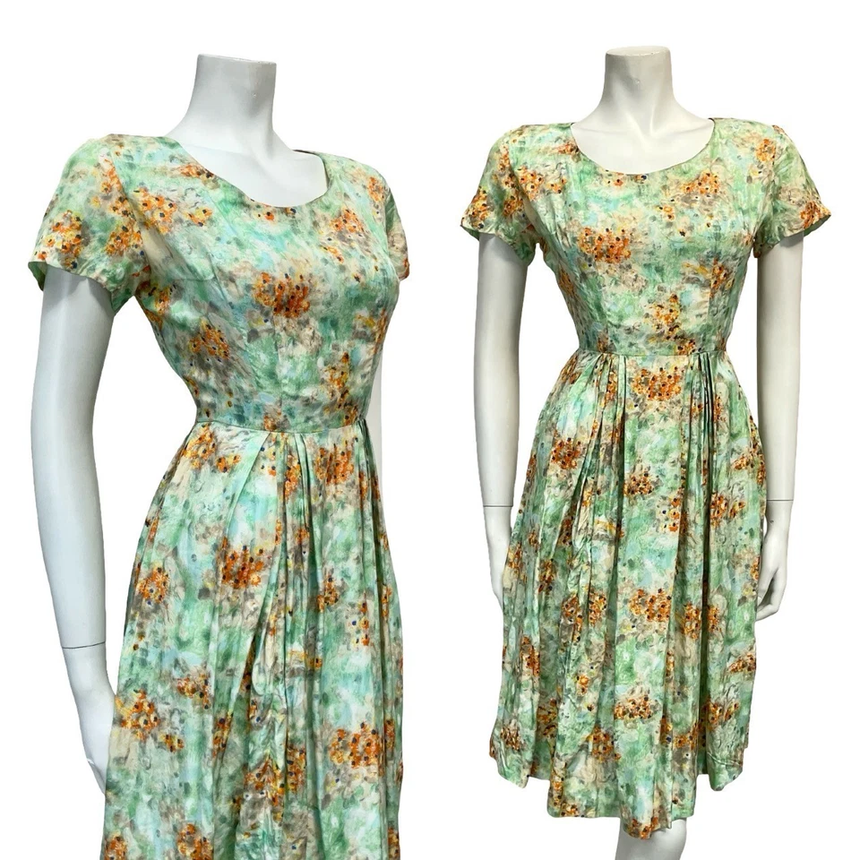 VESTIDO SWING ROCKABILLY FLORAL PLISADO VERDE AZUL NARANJA AÑOS 50 60 DE COLECCIÓN 10 8 S Foto 1 de 4