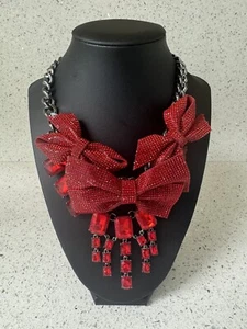 Betsey Johnson Sparkly RED Pave Crystal Bows Christmas Holiday Collar Necklace - Picture 1 of 6
