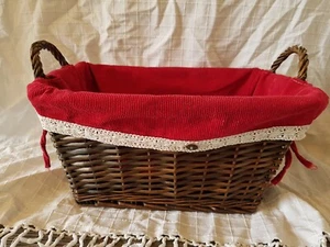 Dark wood wicker basket, red corduroy lining + handles, 16 inch x 11 x 9.5 - Picture 1 of 9