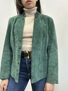 90’s Coldwater Creek Forest Green Suede Jacket Gold Snaps Vintage Size M - Picture 1 of 11