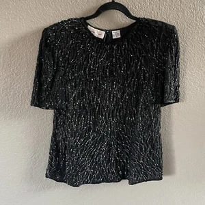 Vintage Laurence Kazar Bluse Damen Medium Schwarz Seide Perlen' Party Event 80’s - Bild 1 von 11