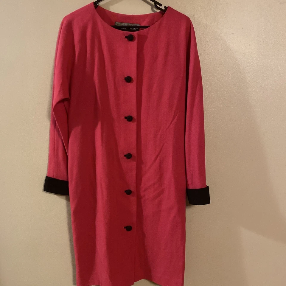 Vestido Linda Allard Ellen Tracy Vintage 100% Lana Fucsia Botón Talla 10 Pequeño Foto 1 de 4