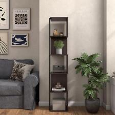 Tall Espresso Composite 5-Shelf Corner Bookcase With Cylinder Metal Leg Post