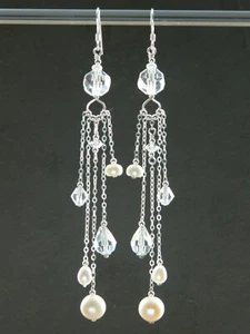 Alex Polizzi Style Long Earrings ~ FW Pearls, Vintage Crystal & Sterling Silver - Picture 1 of 16
