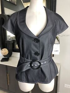 Doncaster Women 6 Gray Cotton Blend Button Front Cap Sleeve Belted Blazer TT