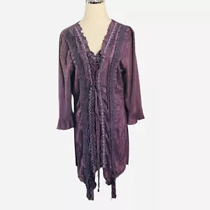 Pretty Angel Blouse Womens Size Large Purple Ruffle Lace Corset Tie Long Sleeve - Picture 1 of 14
