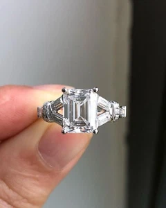 IGI Certified Lab Grown Emerald Side Stone Baguette Diamond Engagement Ring - Picture 1 of 6