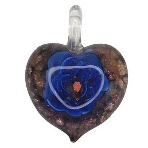 Handmade Glass Heart Pendant With Blue Rose Flower Design Shimmer - Picture 1 of 5