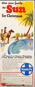 1949 Santa Fe Railway Trains Print Ad Family in Pool Cowboy on Horses Nearby - Picture 1 of 6