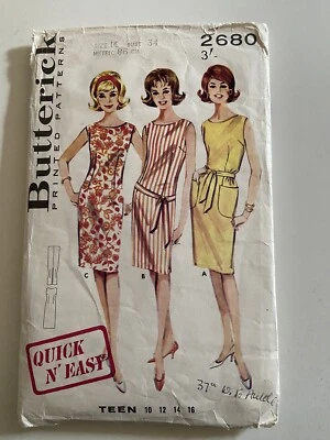 Butterick Vintage Shift Dress Pattern 2680 1960 Cut Instructions Chest 30 - 36 - Image 1 of 2