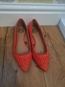 Red Herring Red Pointed Toe Stud Flat Shoes Size 4 EU 37 New