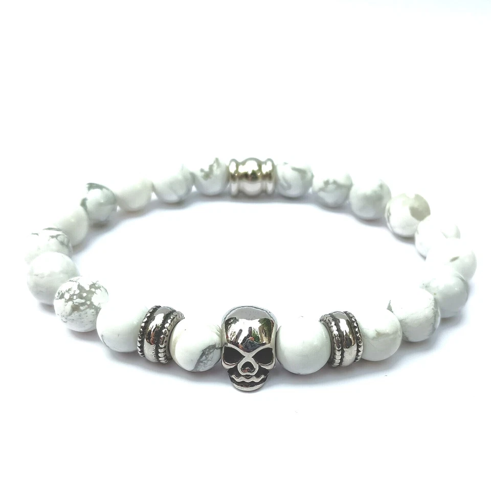 Armband weiß Herren Damen Howlith 8MM Armschmuck 17-26CM Totenkopf Edelstahl 41C - Bild 1 von 1