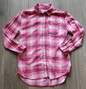 Old Navy Flannel Button Up Shirt Top Girl's 14 Pink Plaid Boyfriend - Picture 1 of 13