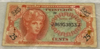 U.S. Military 25 Cents Payment Certificate 1965-1968 Series 641 #J06953053J - Image 1 of 2