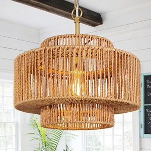 12.4" Rattan Chandelier 1 Light Woven Rattan Pendant Light Boho Wicker Pendan... - Picture 1 of 7