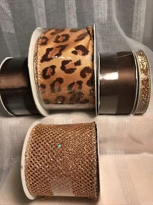 Leopard Print, Gold, Black Ribbon Lot 5 Rolls Wire Craft Gift Hobby Bow DIY NEW - Picture 1 of 11