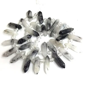 Natural Tourmaline Quatz Top Drilled Hexagonal Faceted Double Point Bead 15" - Picture 1 of 6