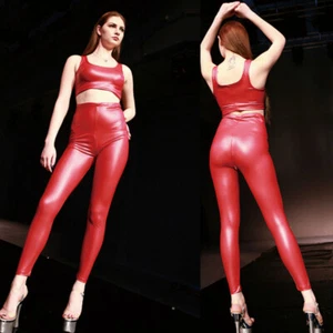 Lady Faux Latex Leggings Invisible U Shaped Zipper Skinny Pencil Pants Sexy Slim - Picture 1 of 13