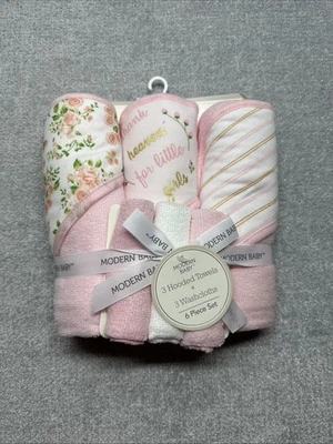 Bebé Moderno, Juego de Baño de 6 Piezas, Nuevo con Etiquetas, 3 Toallas con Capucha, 3 Paños Bebé Niña Rosa Foto 1 de 4