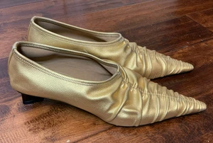 Stella McCartney Gold Elsa Ruched Pointed Toe Kitten Heel Pumps Heels, Size 41 - Picture 1 of 7