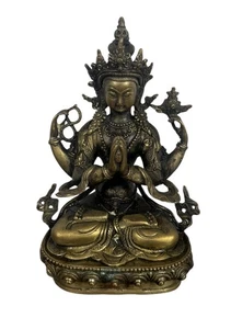 Statua bronzo Avalokiteshvara divinità buddista tibetana quattro braccia Nepal 8,75" - Foto 1 di 13