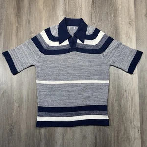 Vintage 70er Strick Poloshirt dunkelblau weiß gestreift Kurzarm Herren Medium " - Bild 1 von 9